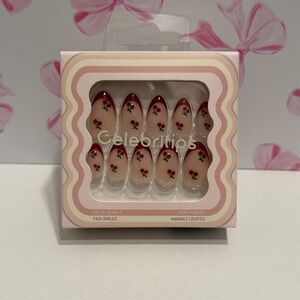 Celebritips Short Almond Press-On Nails Red French Tip Cherry Print Faux Ongles